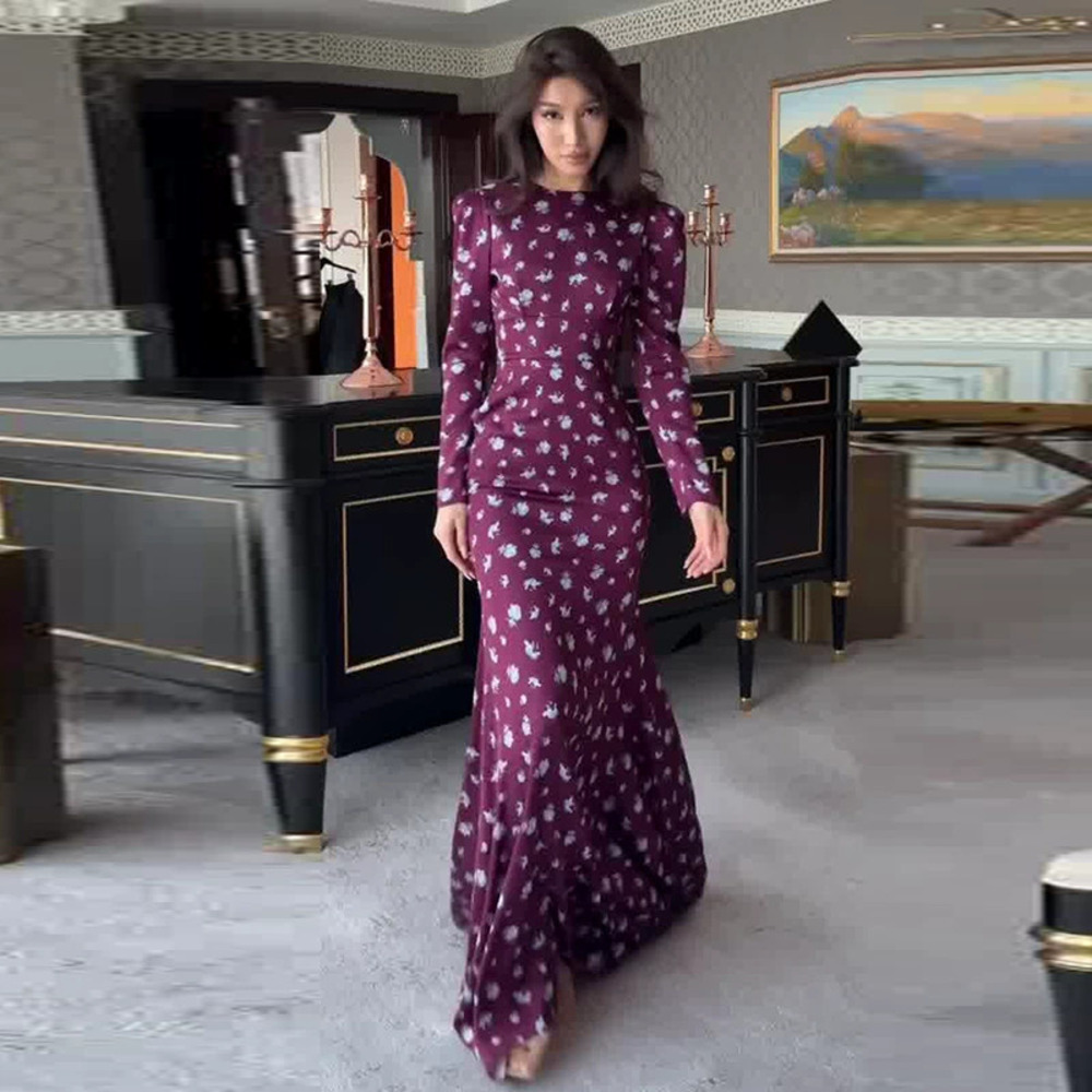 Forever 21 Purple Red Floral Round-Neck Long-Sleeve Backless Bodycon Long Dress
